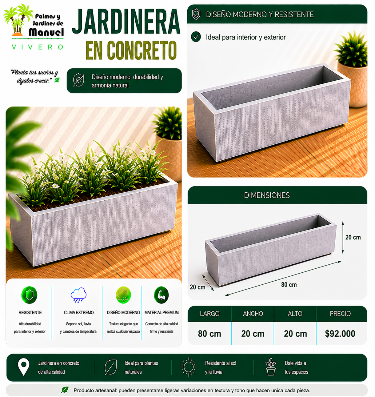 Jardinera en Concreto 80x20x20 cm