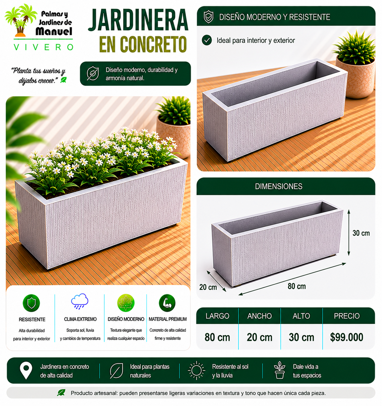 Jardinera en Concreto 80x20x30 cm
