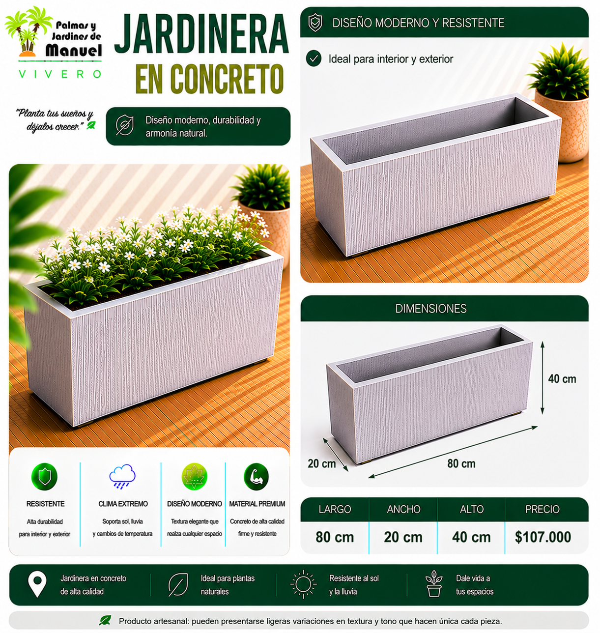 Jardinera en Concreto 80x20x40 cm
