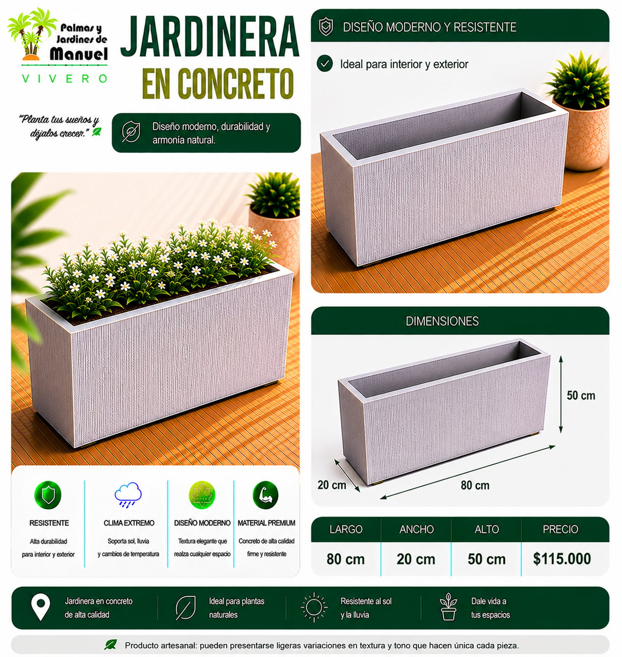 Jardinera en Concreto 80x20x50 cm