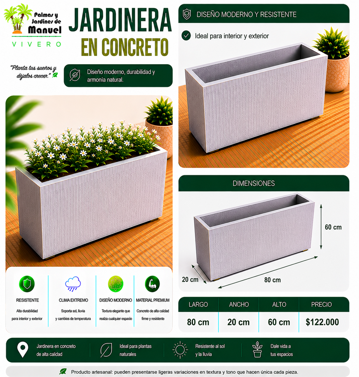 Jardinera en Concreto 80x20x60 cm