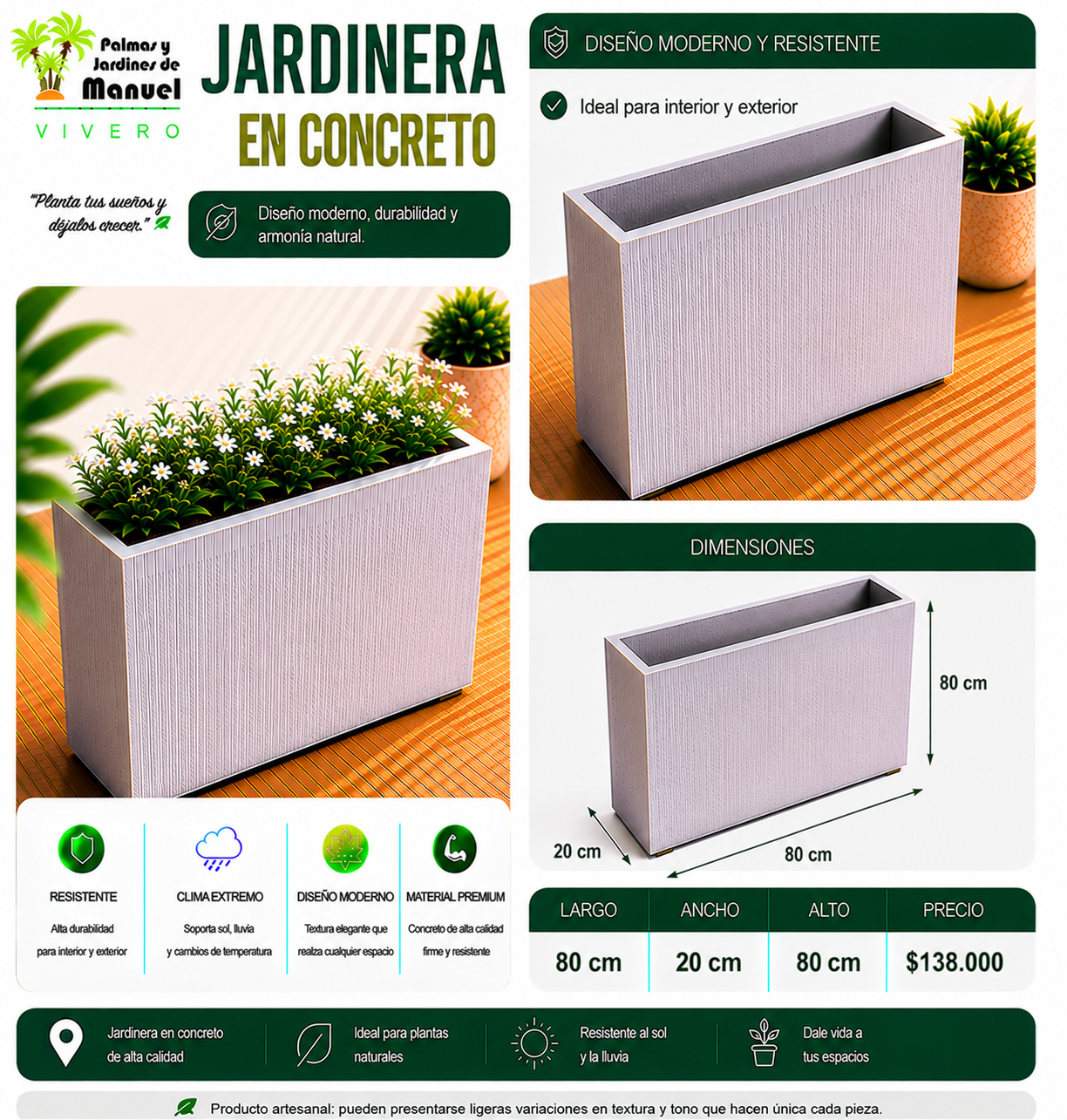 Jardinera en Concreto 80x20x80 cm