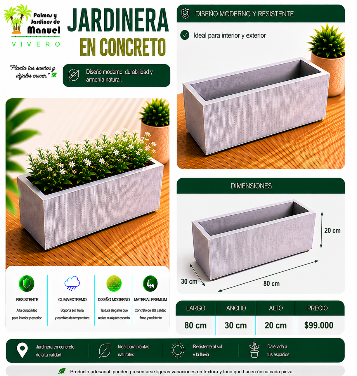 Jardinera en Concreto 80x30x20 cm