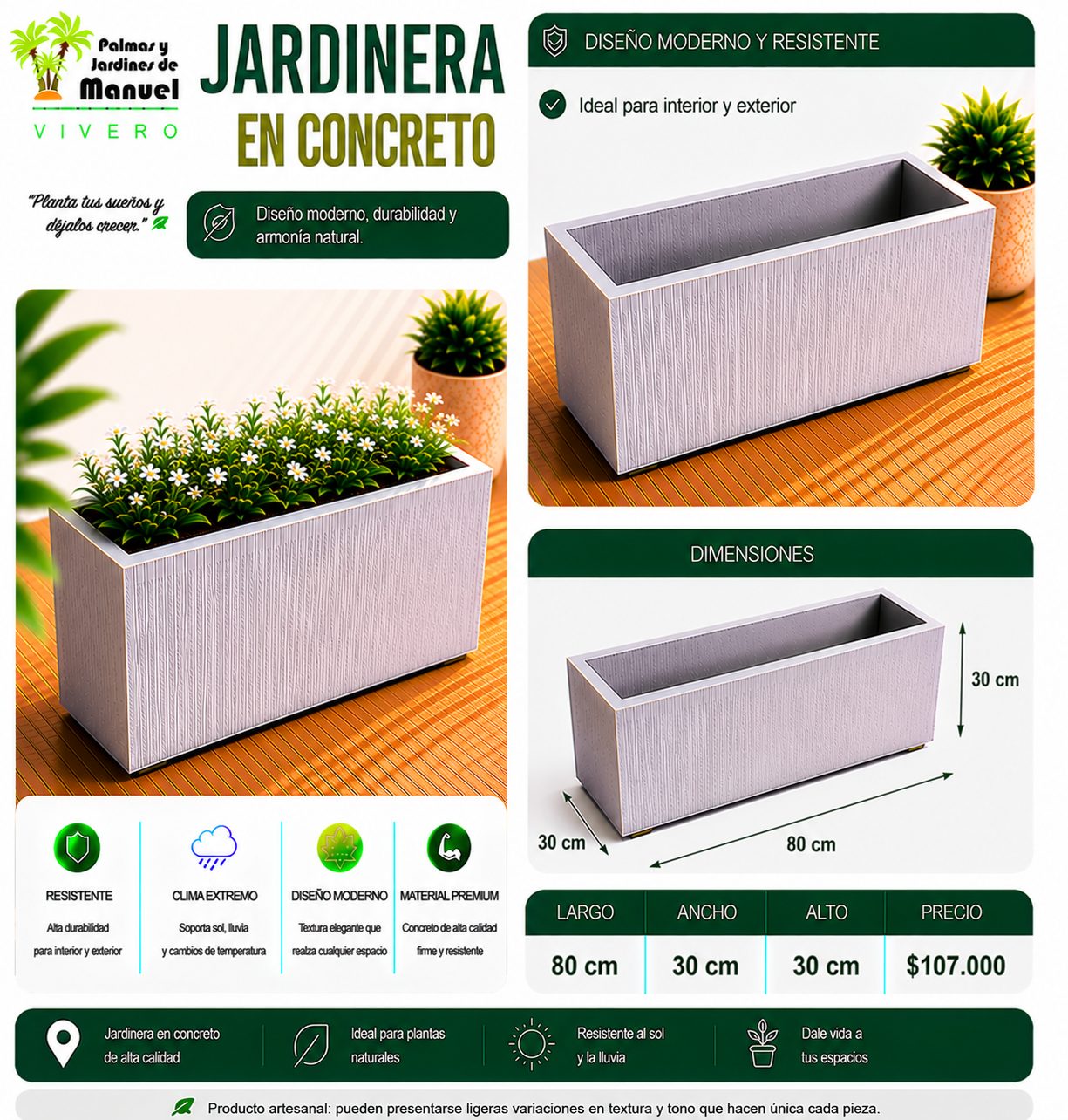 Jardinera en Concreto 80x30x30 cm