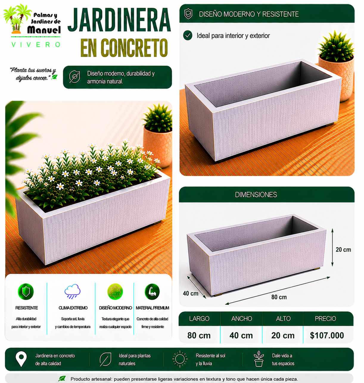 Jardinera en Concreto 80x40x20 cm