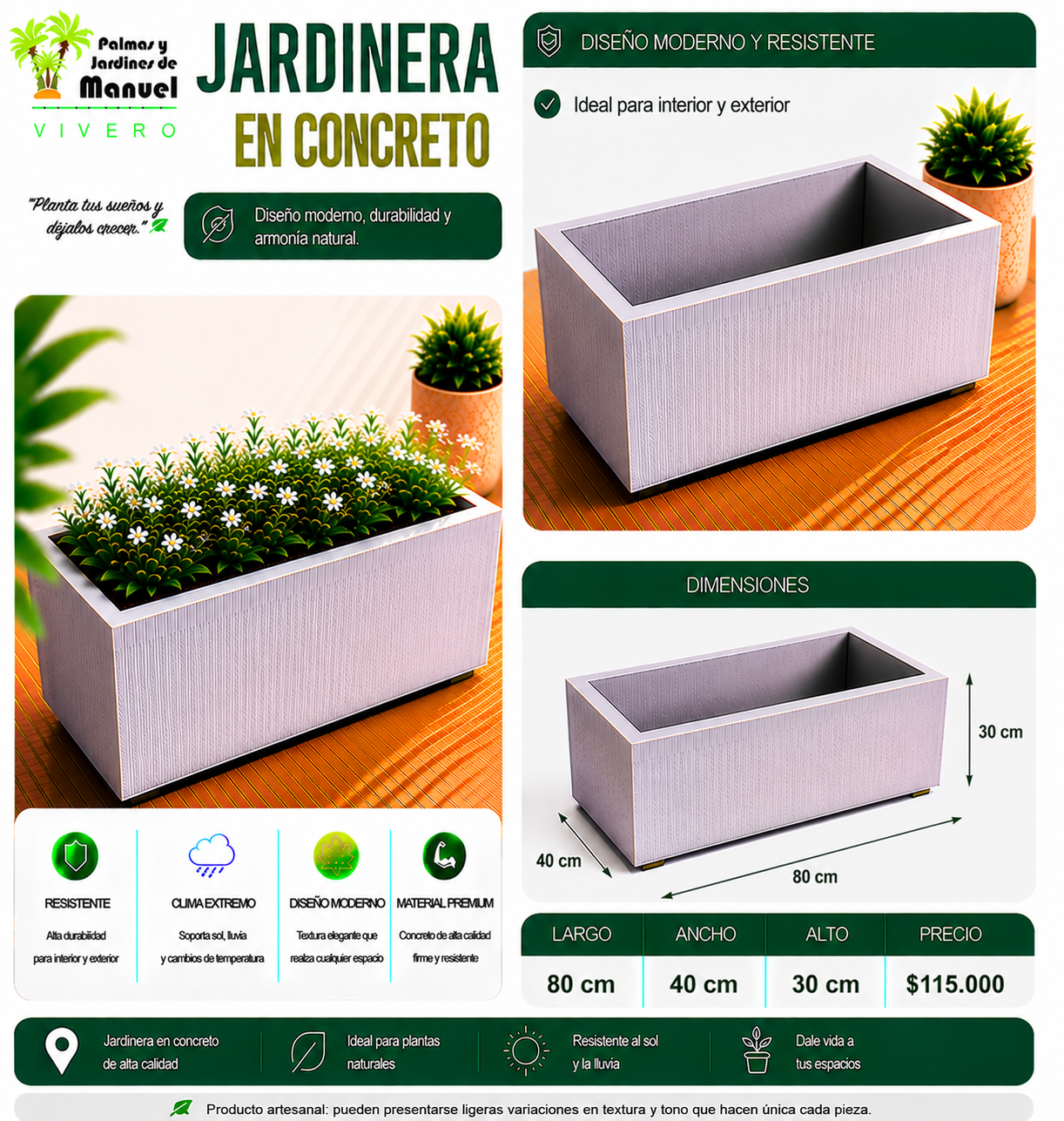 Jardinera en Concreto 80x40x30 cm