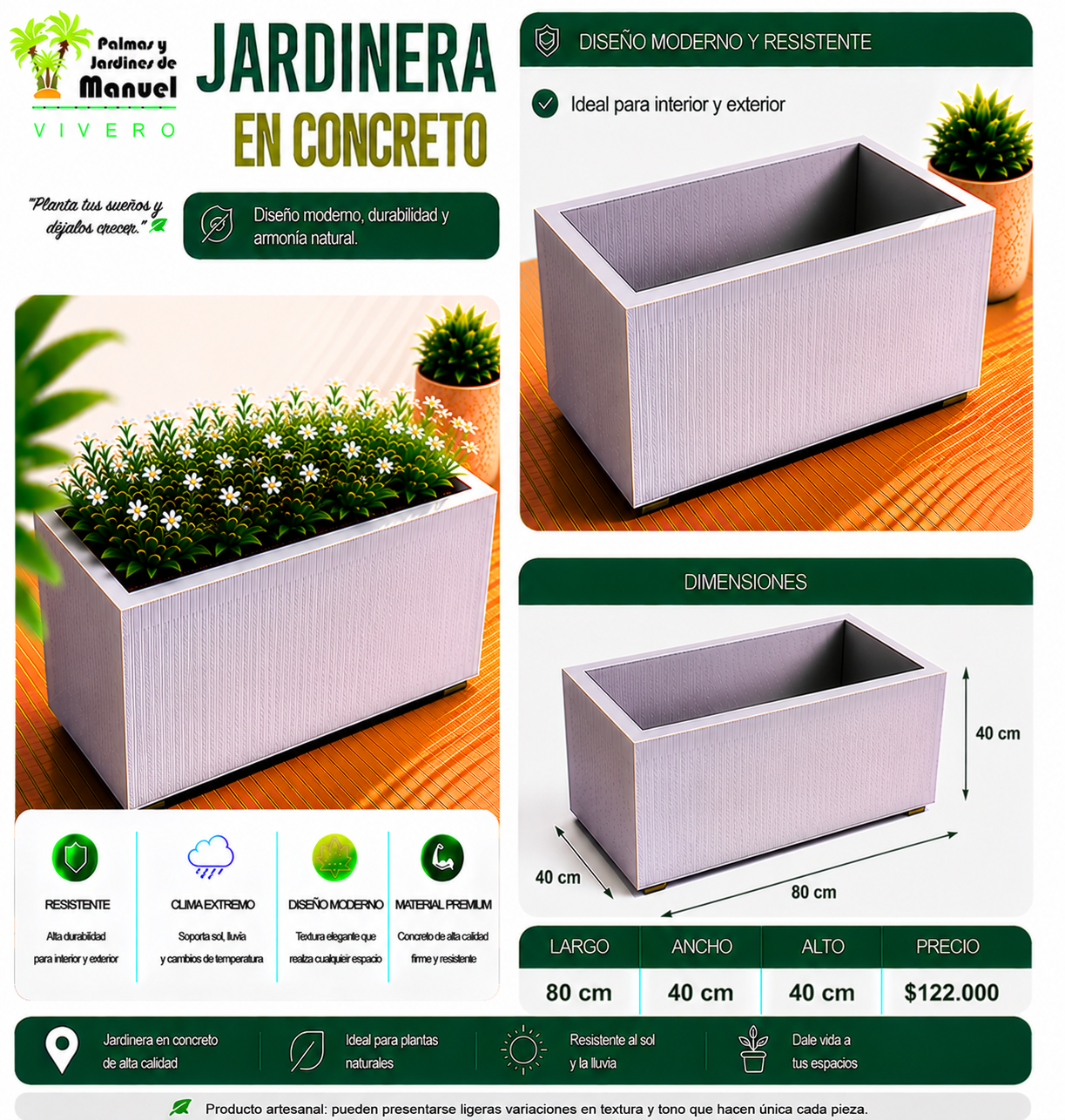 Jardinera en Concreto 80x40x40 cm