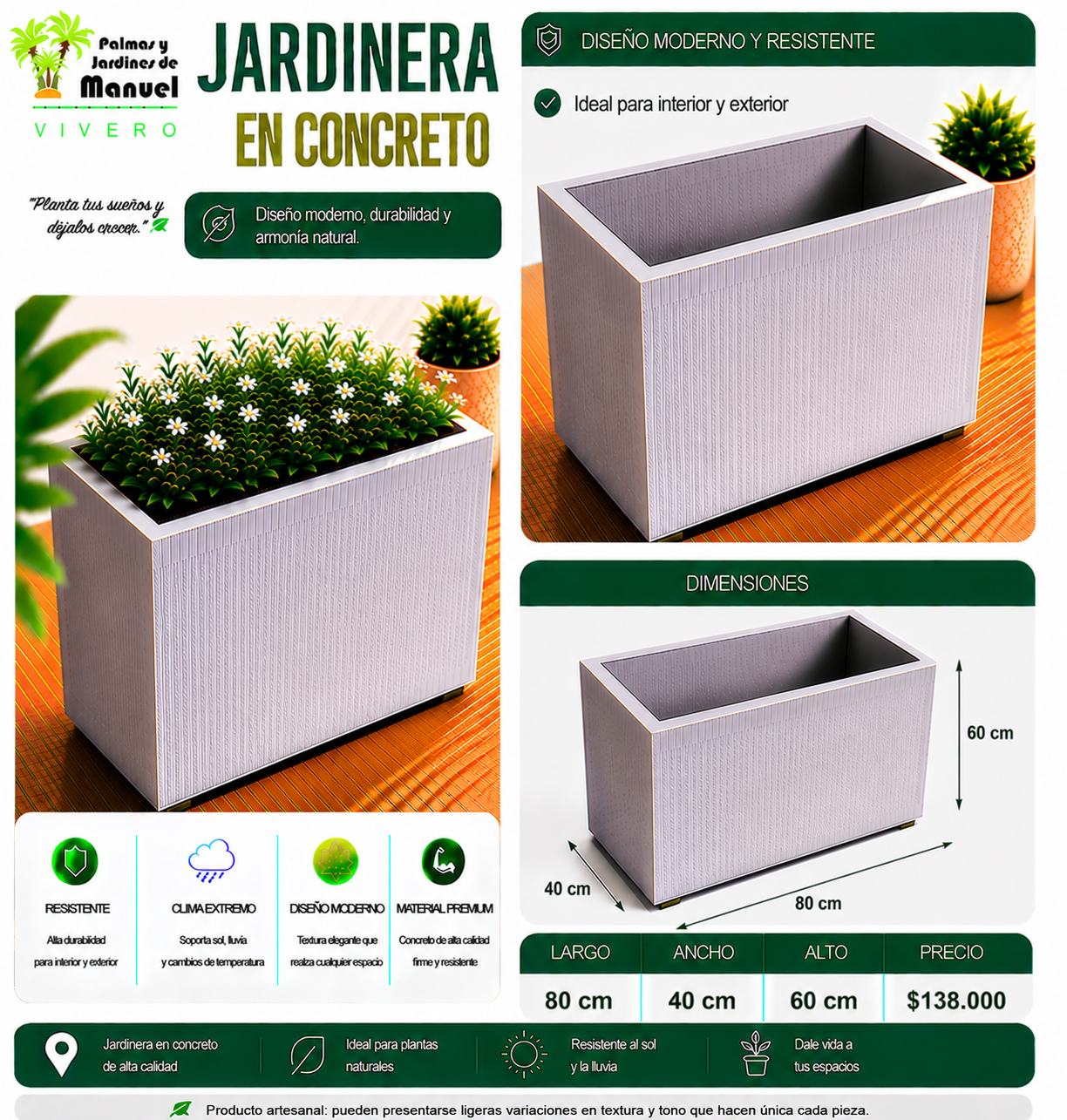 Jardinera en Concreto 80x40x60 cm