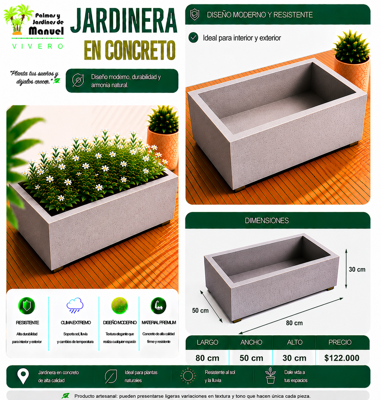 Jardinera en Concreto 80x50x30 cm