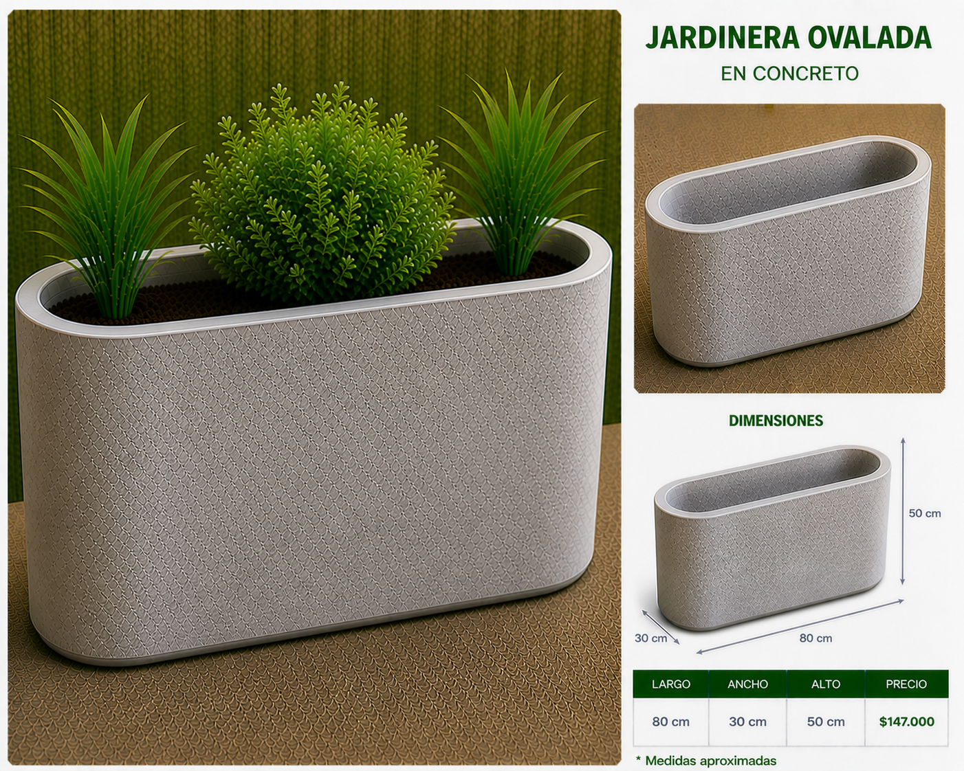 Jardinera Ovalada en Concreto 80x30x50 cm