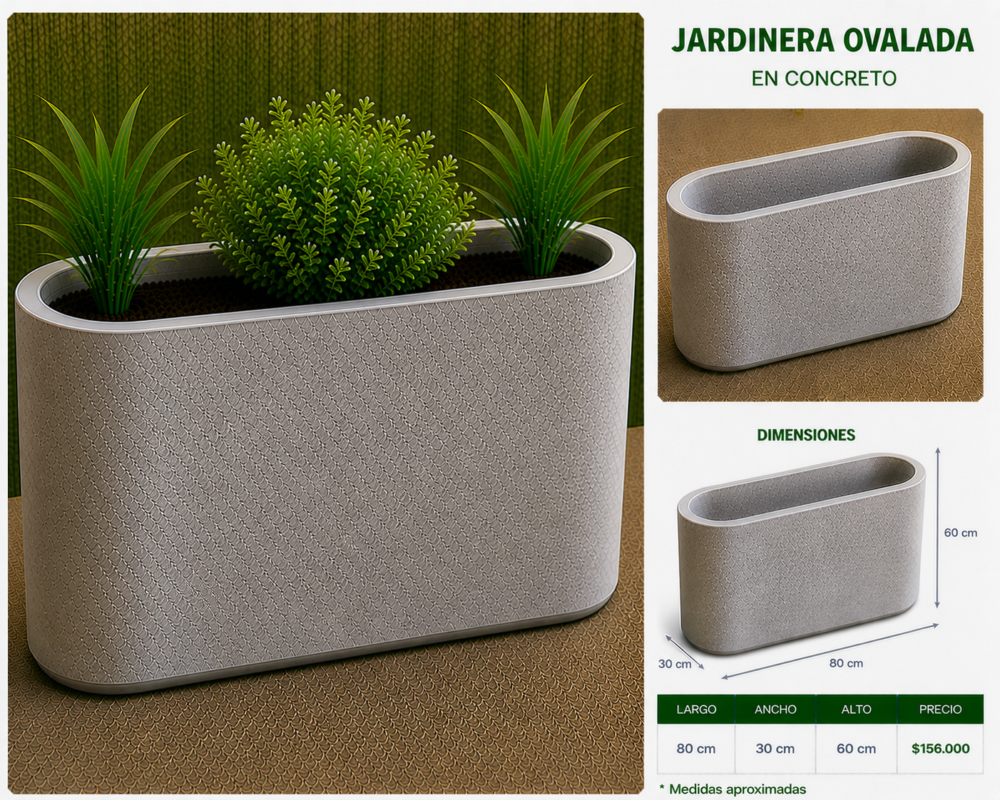Jardinera Ovalada en Concreto 80x30x60 cm