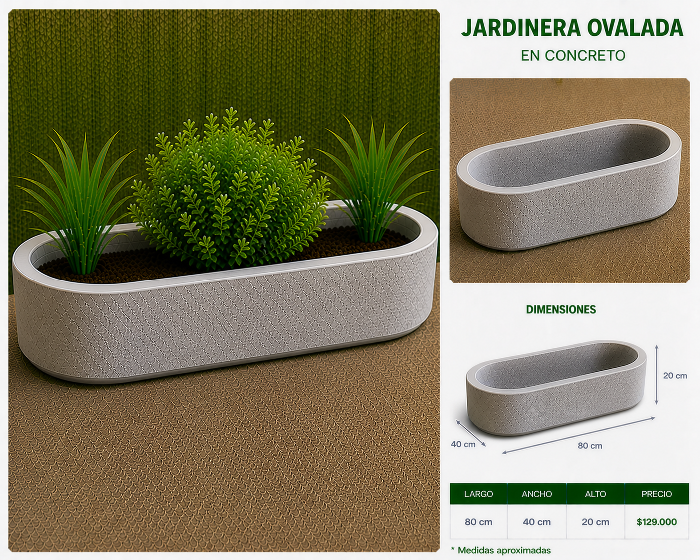 Jardinera Ovalada en Concreto 80x40x20 cm