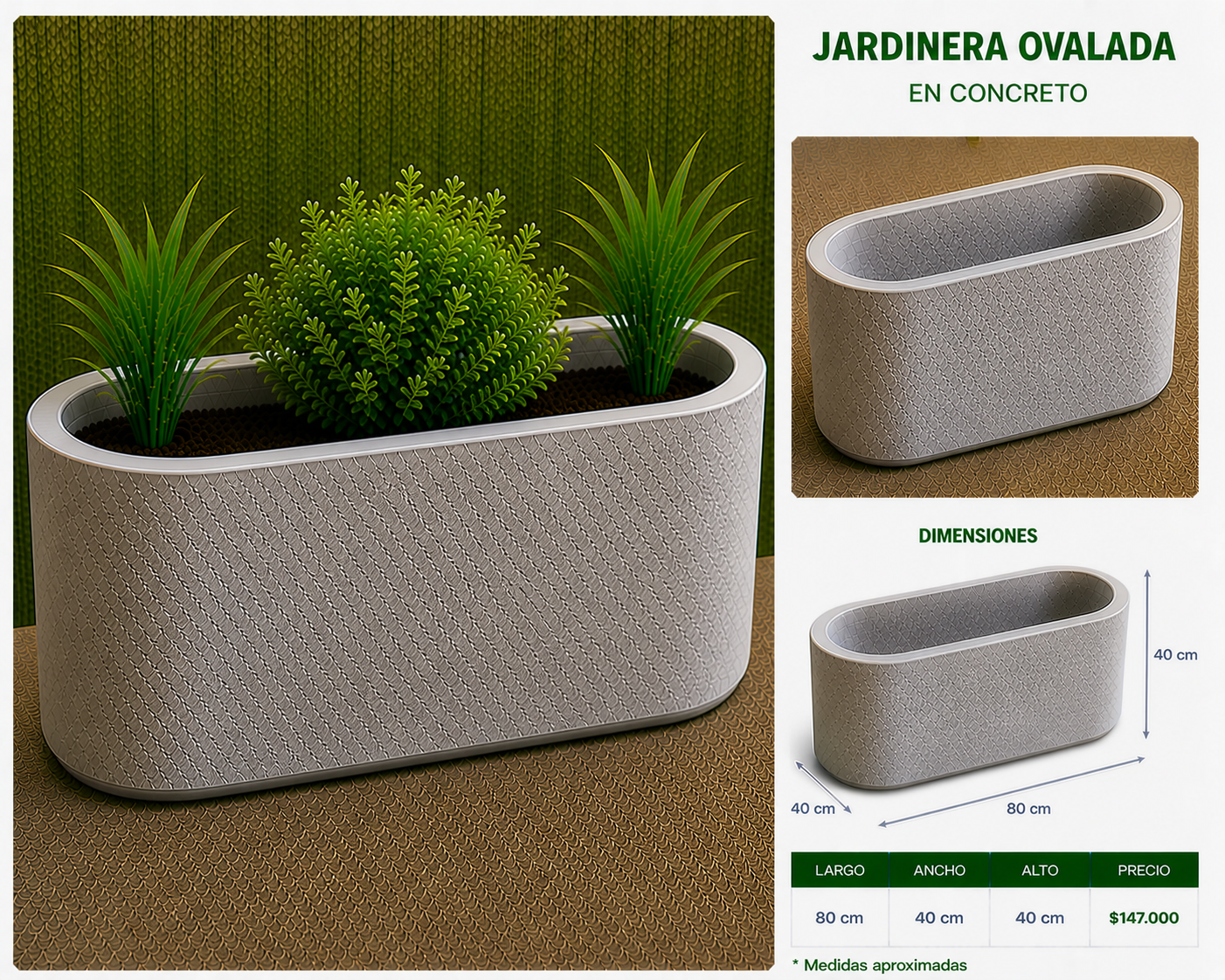 Jardinera Ovalada en Concreto 80x40x40 cm