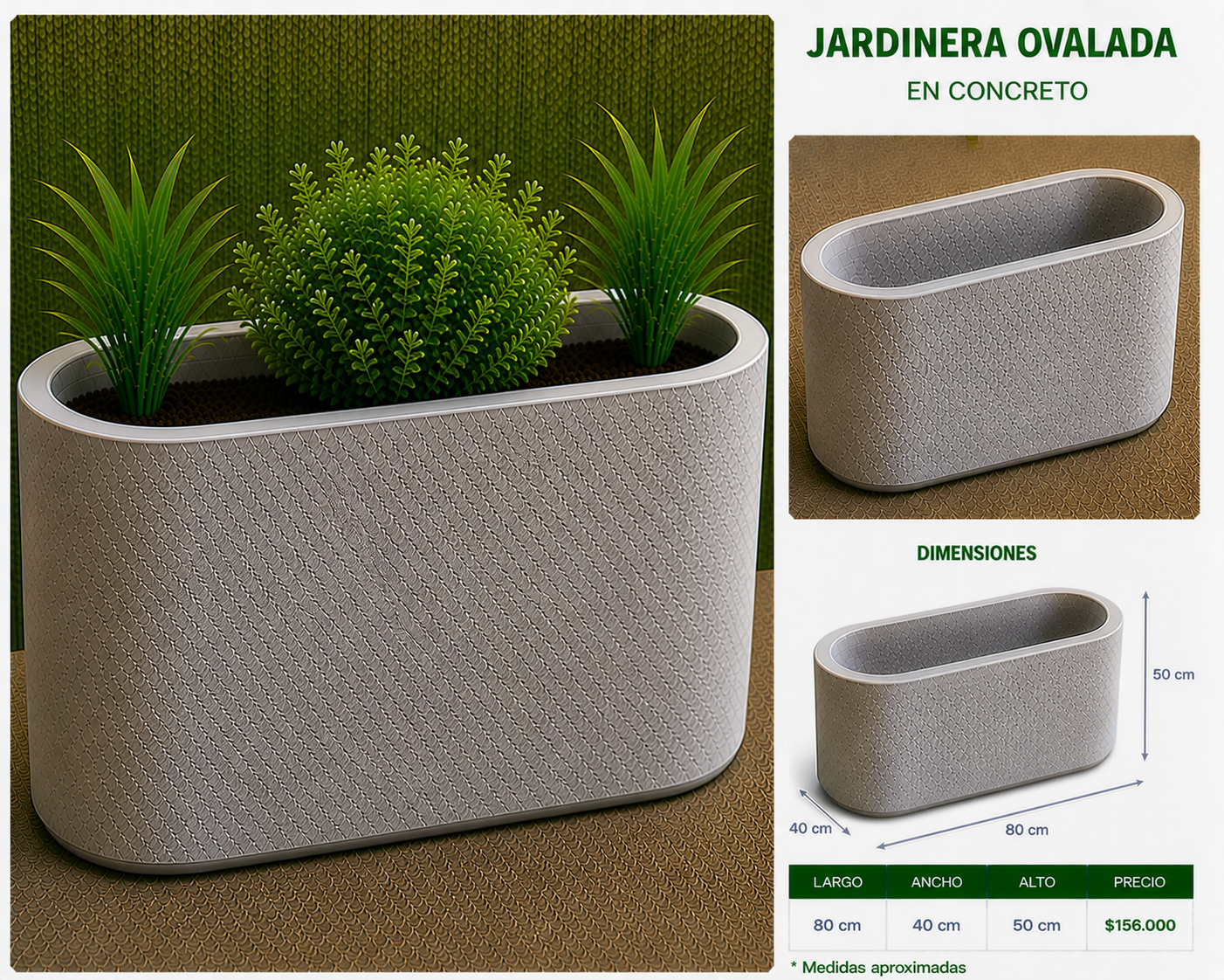Jardinera Ovalada en Concreto 80x40x50 cm