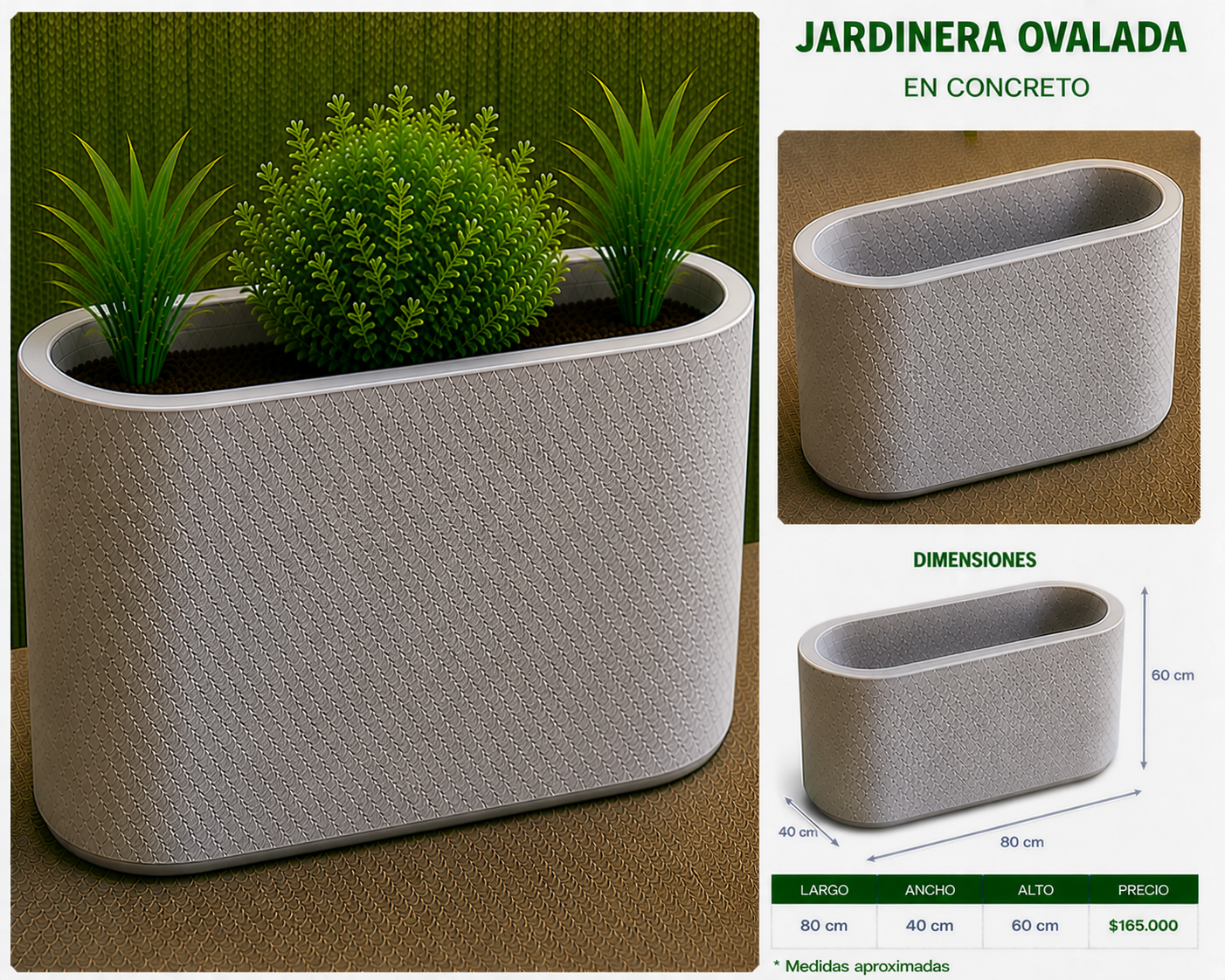 Jardinera Ovalada en Concreto 80x40x60 cm