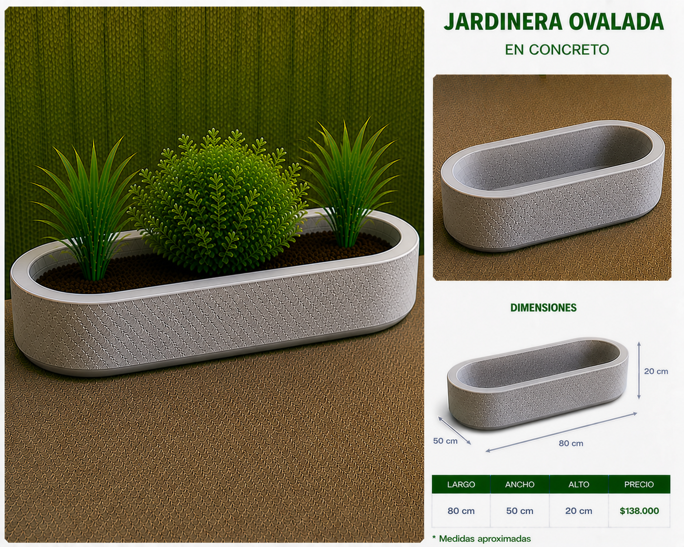 Jardinera Ovalada en Concreto 80x50x20 cm