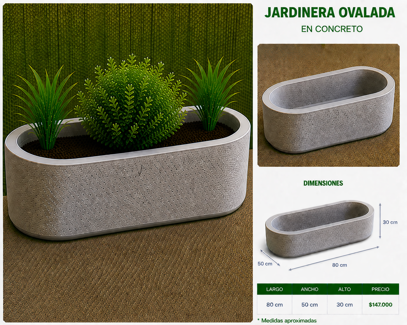 Jardinera Ovalada en Concreto 80x50x30 cm