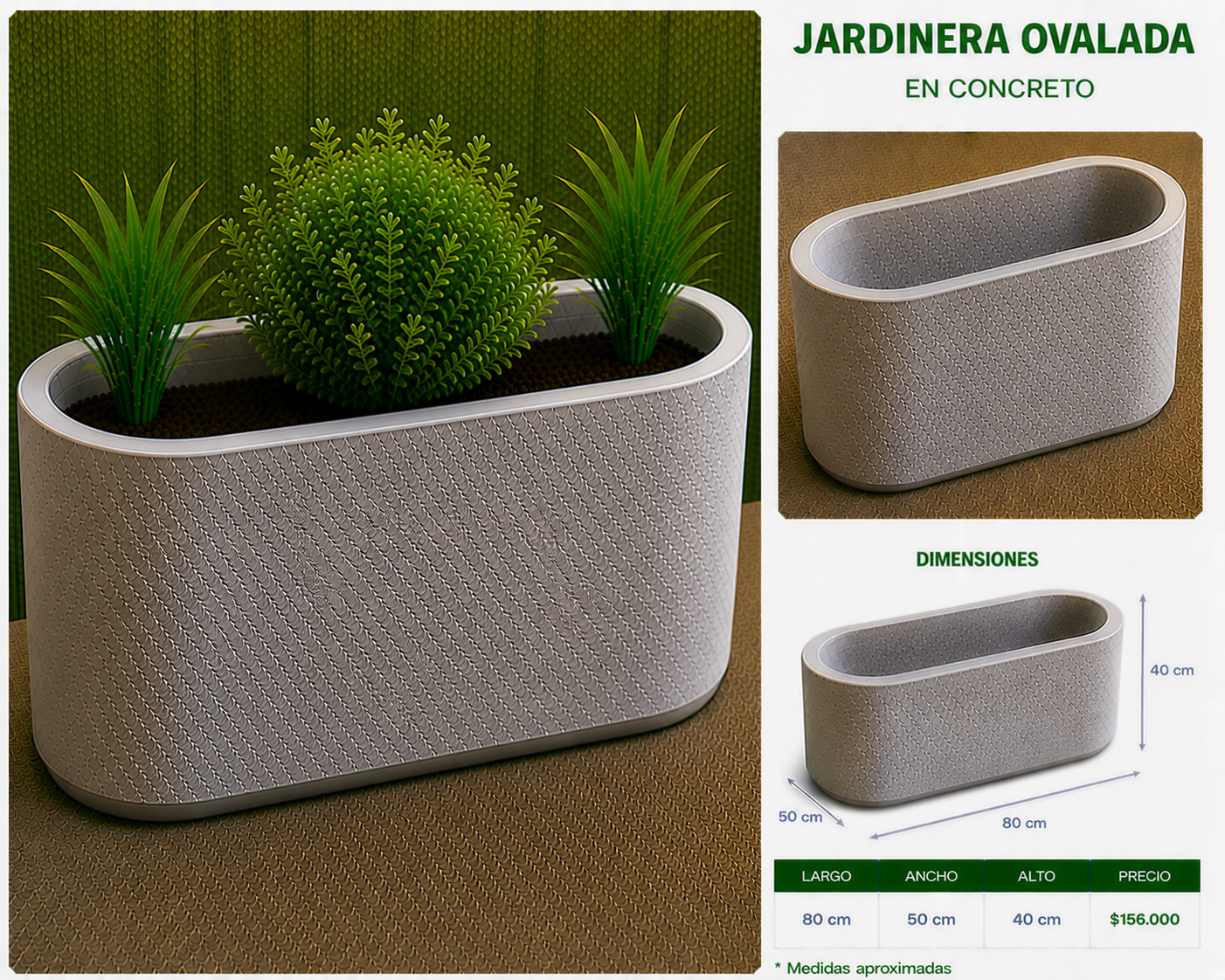 Jardinera Ovalada en Concreto 80x50x40 cm