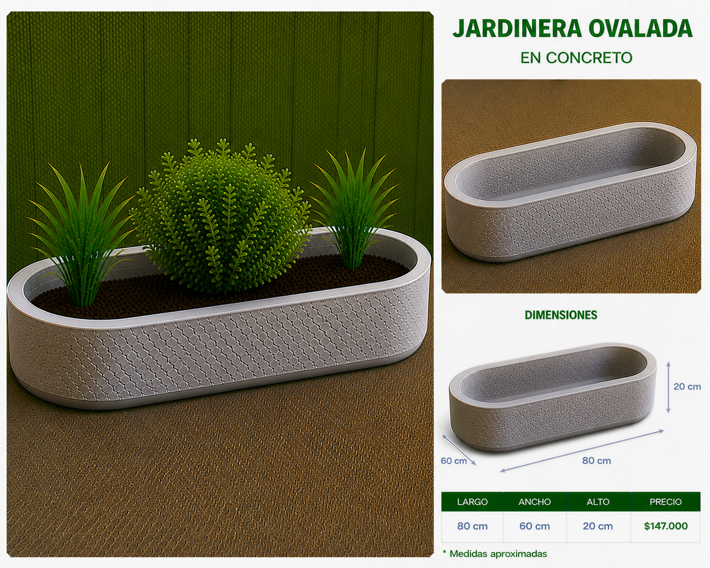 Jardinera Ovalada en Concreto 80x60x20 cm