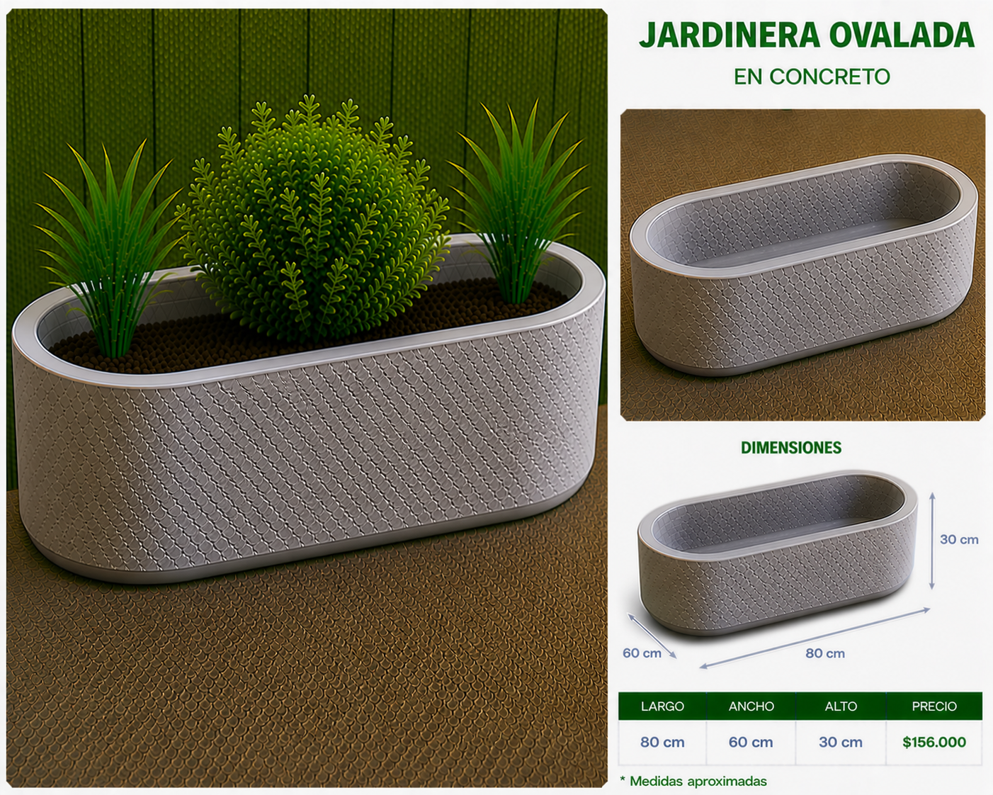 Jardinera Ovalada en Concreto 80x60x30 cm