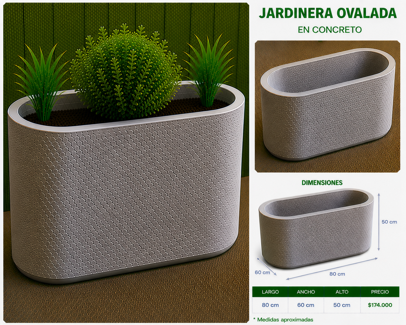 Jardinera Ovalada en Concreto 80x60x50 cm