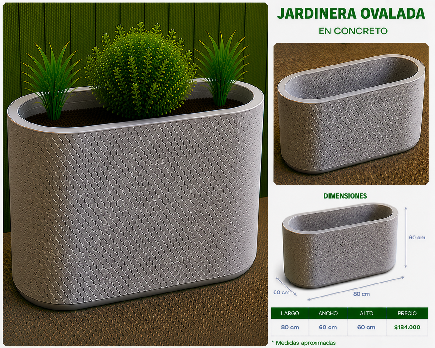 Jardinera Ovalada en Concreto 80x60x60 cm