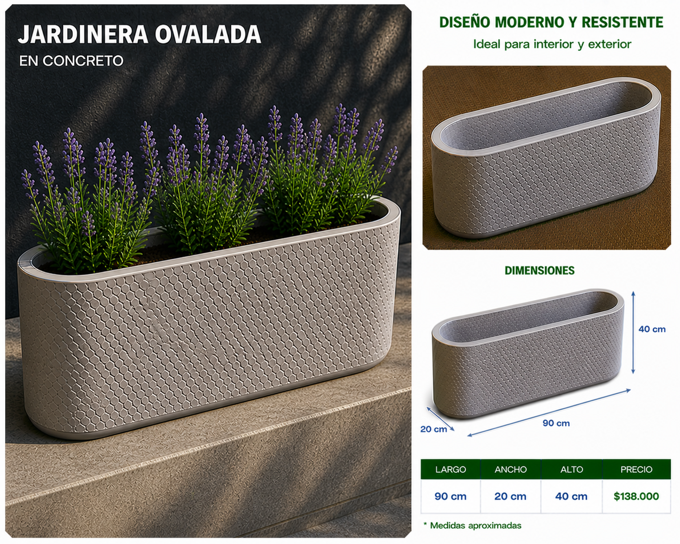 Jardinera Ovalada en Concreto 90x20x40 cm