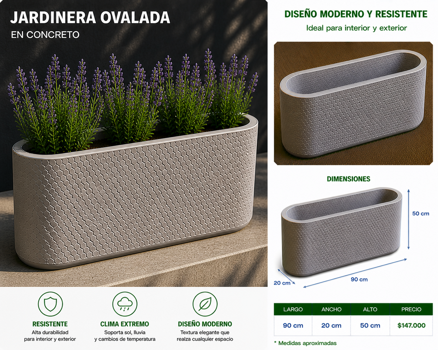 Jardinera Ovalada en Concreto 90x20x50 cm