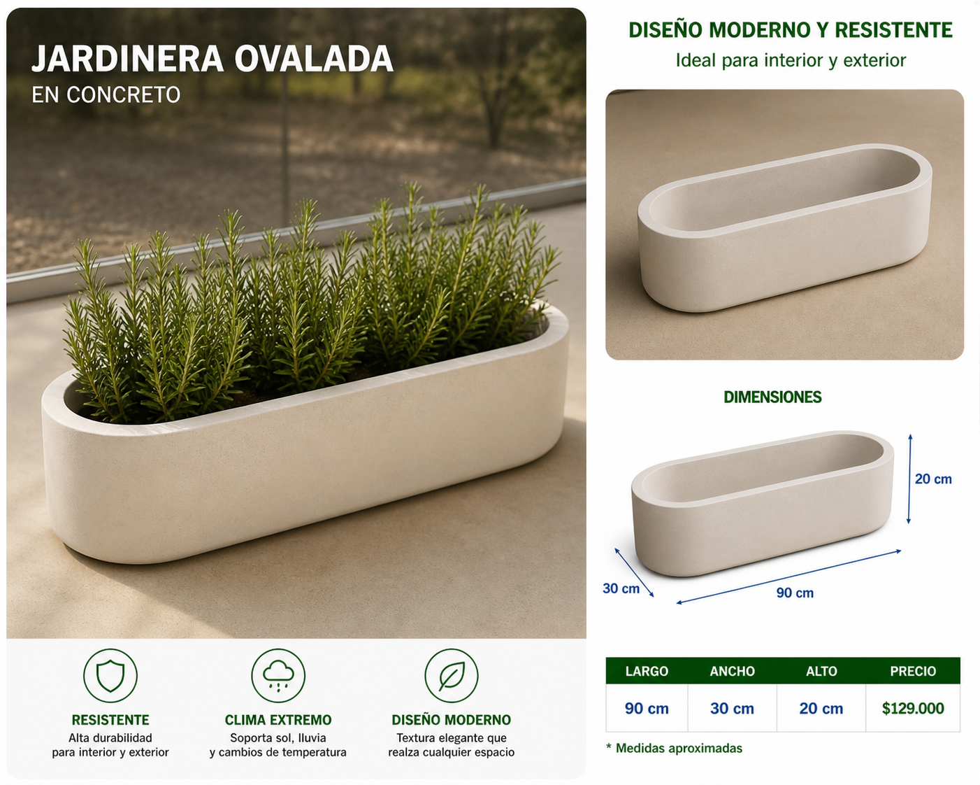 Jardinera Ovalada en Concreto 90x30x20 cm