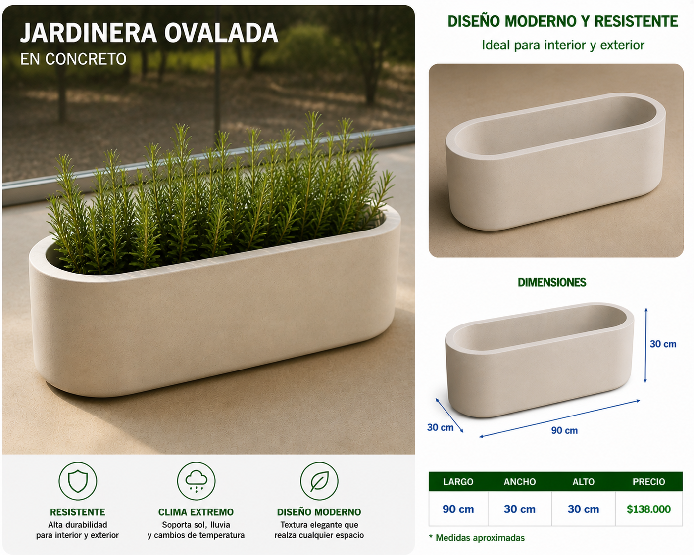 Jardinera Ovalada en Concreto 90x30x30 cm