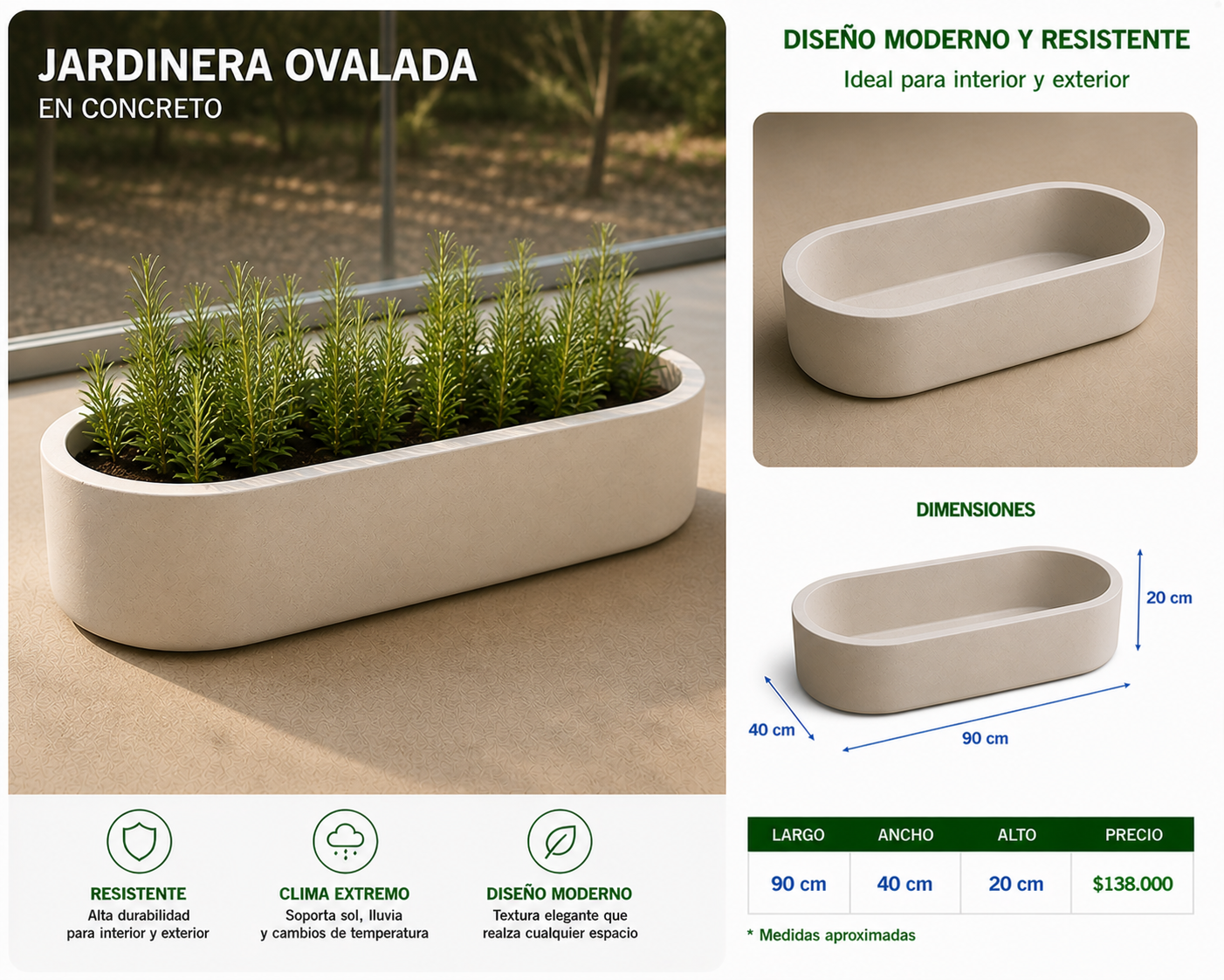 Jardinera Ovalada en Concreto 90x40x20 cm