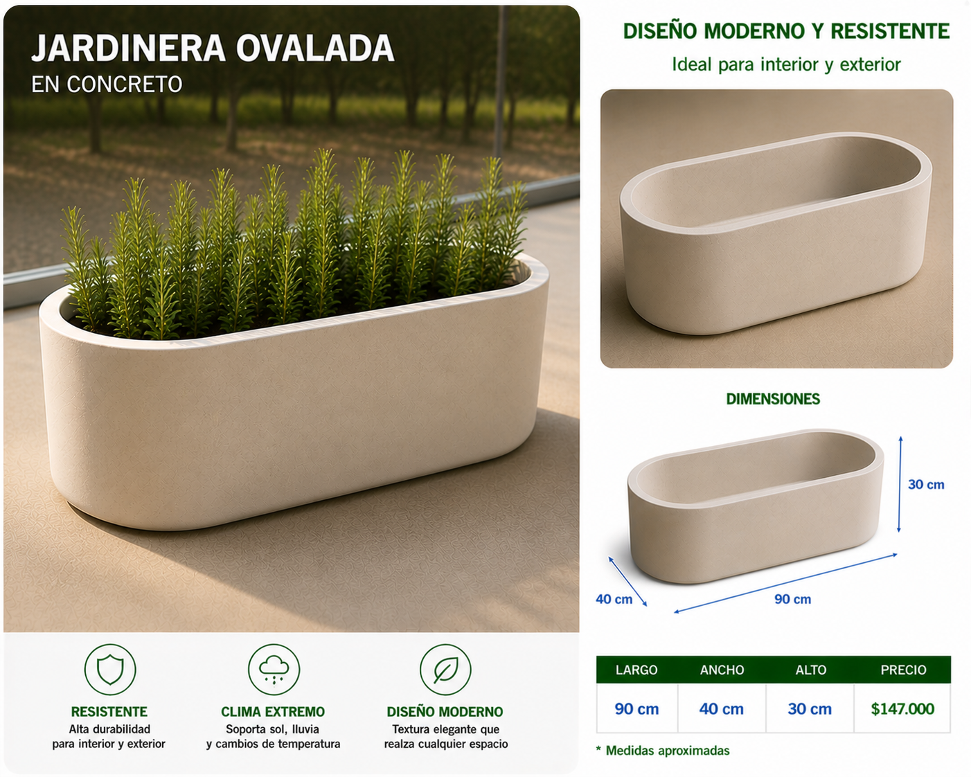 Jardinera Ovalada en Concreto 90x40x30 cm