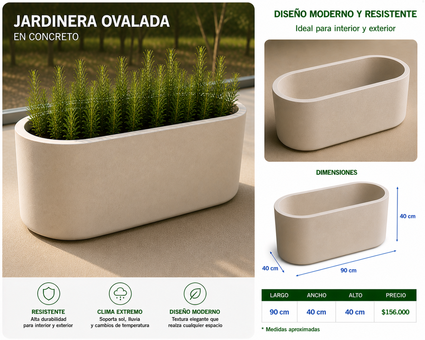 Jardinera Ovalada en Concreto 90x40x40 cm