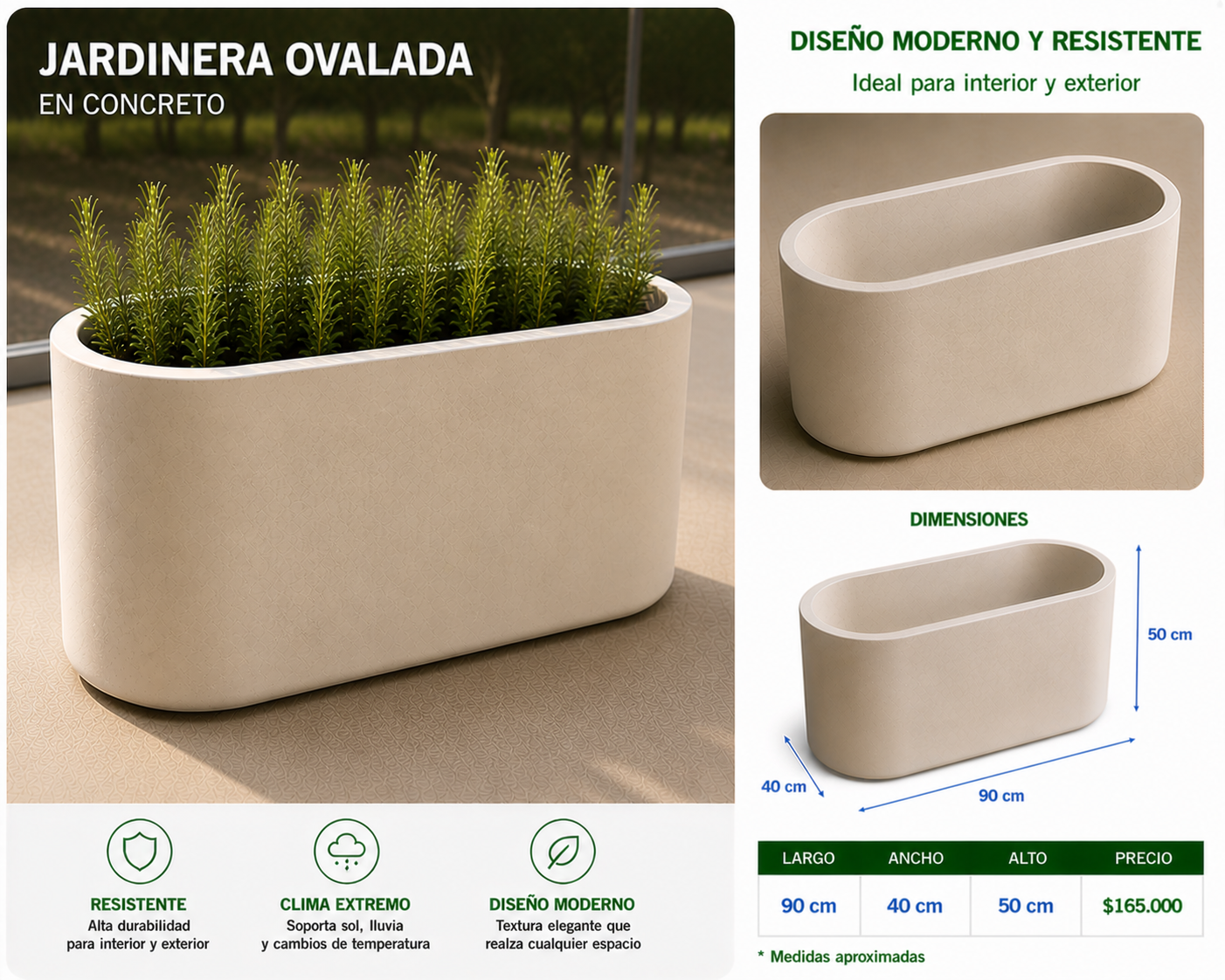 Jardinera Ovalada en Concreto 90x40x50 cm
