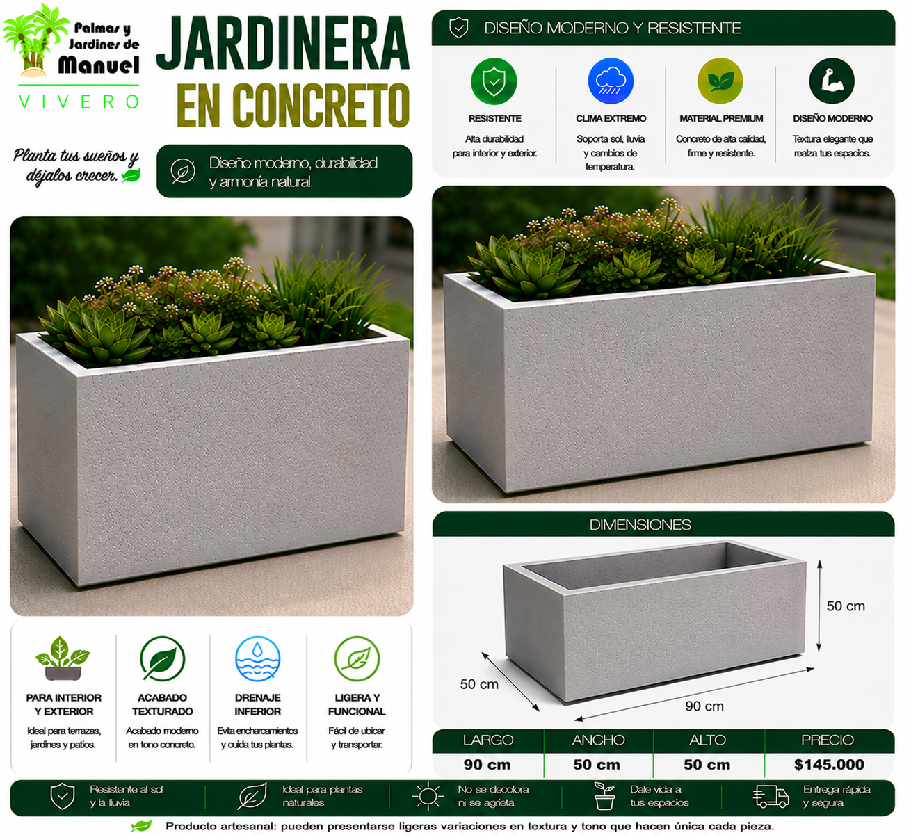 Jardinera en Concreto 90x50x50 cm