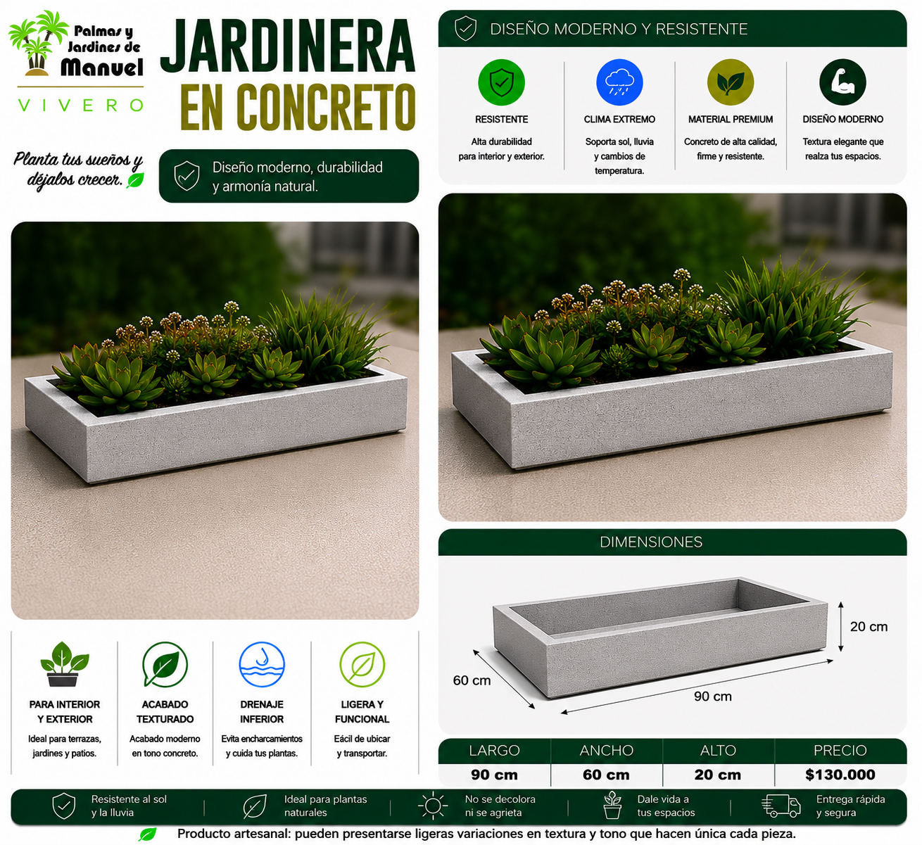 Jardinera en Concreto 90x60x20 cm
