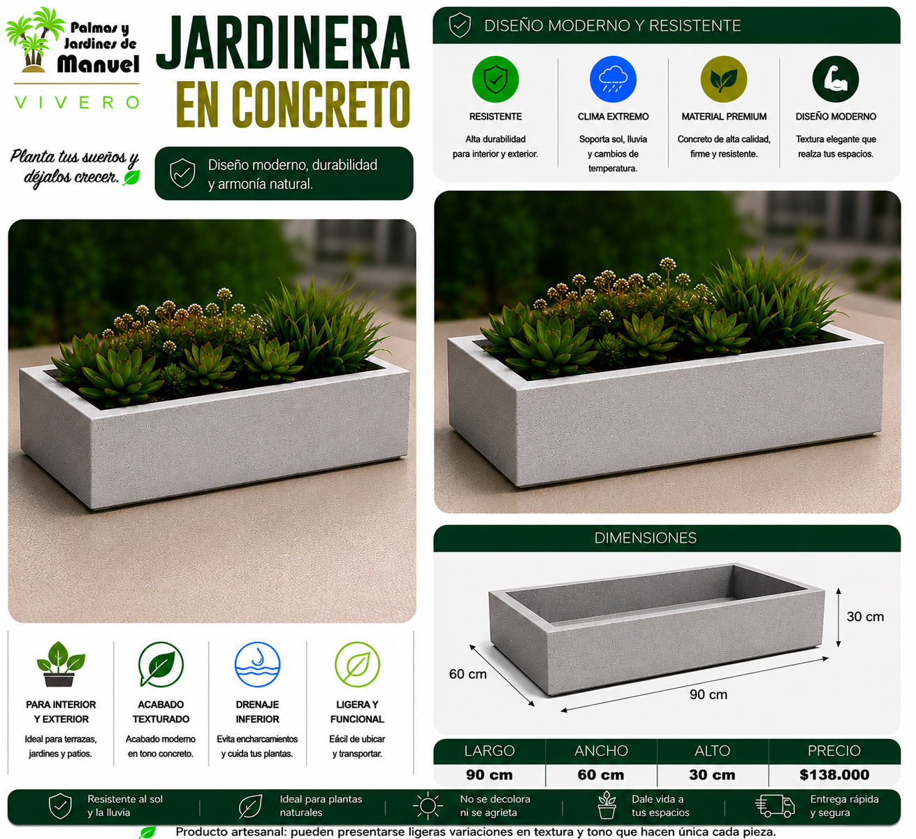 Jardinera en Concreto 90x60x30 cm