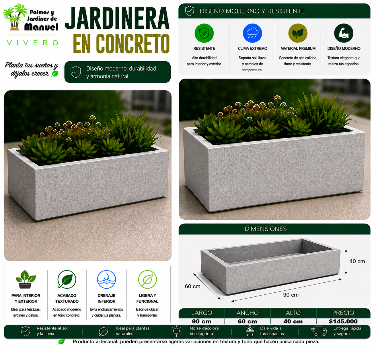 Jardinera en Concreto 90x60x40 cm