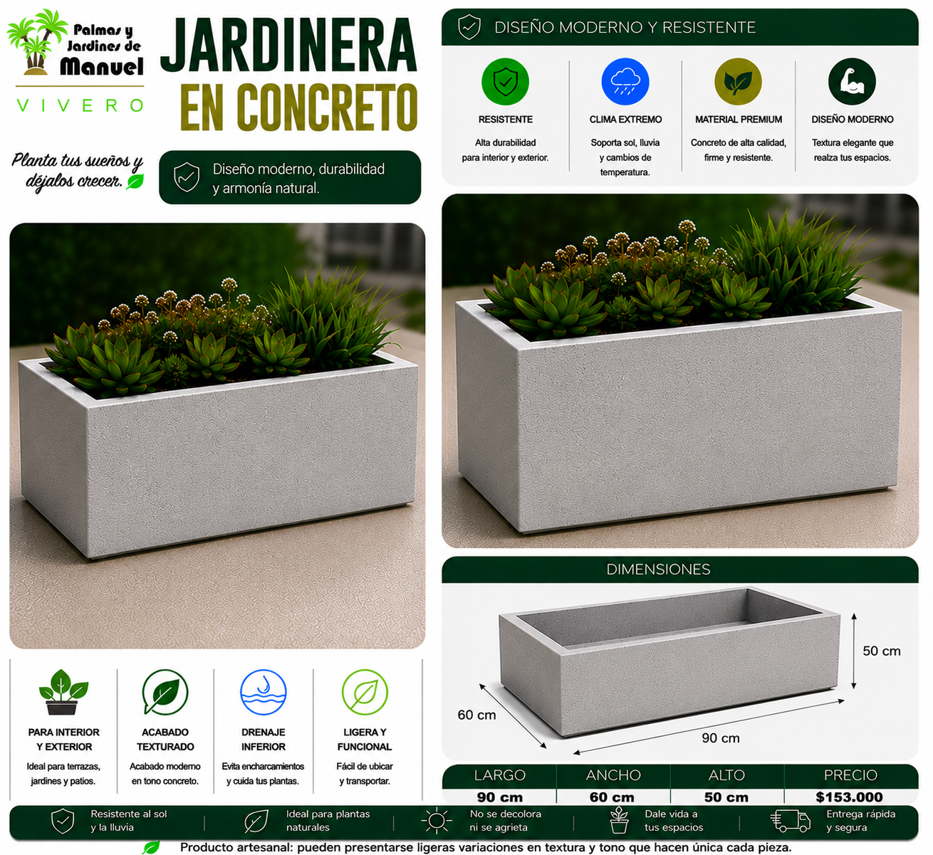 Jardinera en Concreto 90x60x50 cm