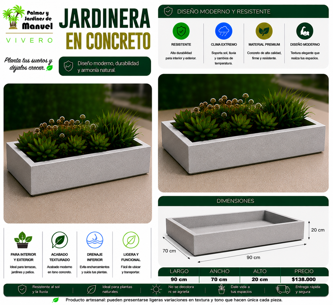 Jardinera en Concreto 90x70x20 cm