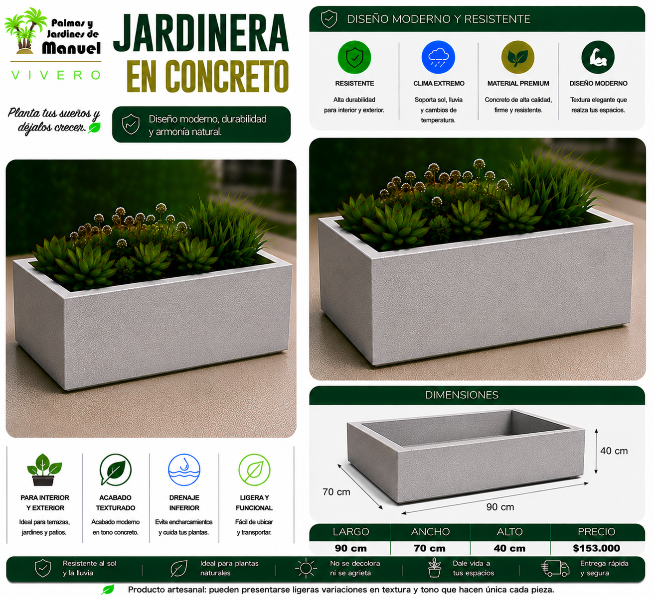 Jardinera en Concreto 90x70x40 cm