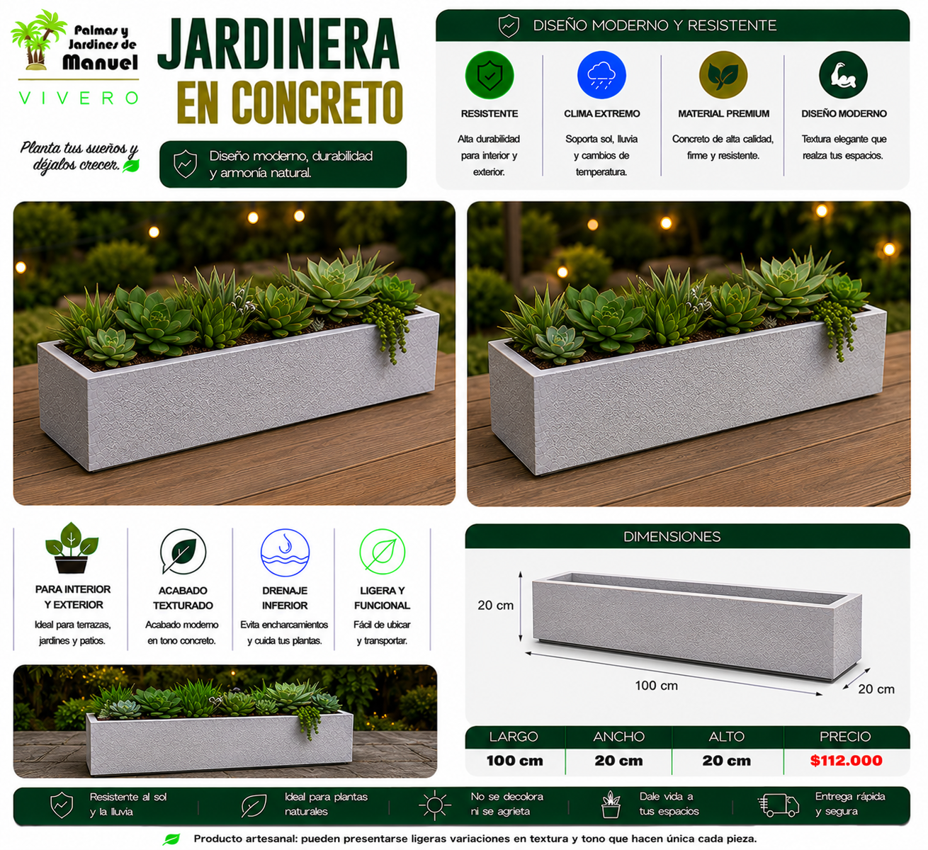 Jardinera en Concreto 100x20x20 cm