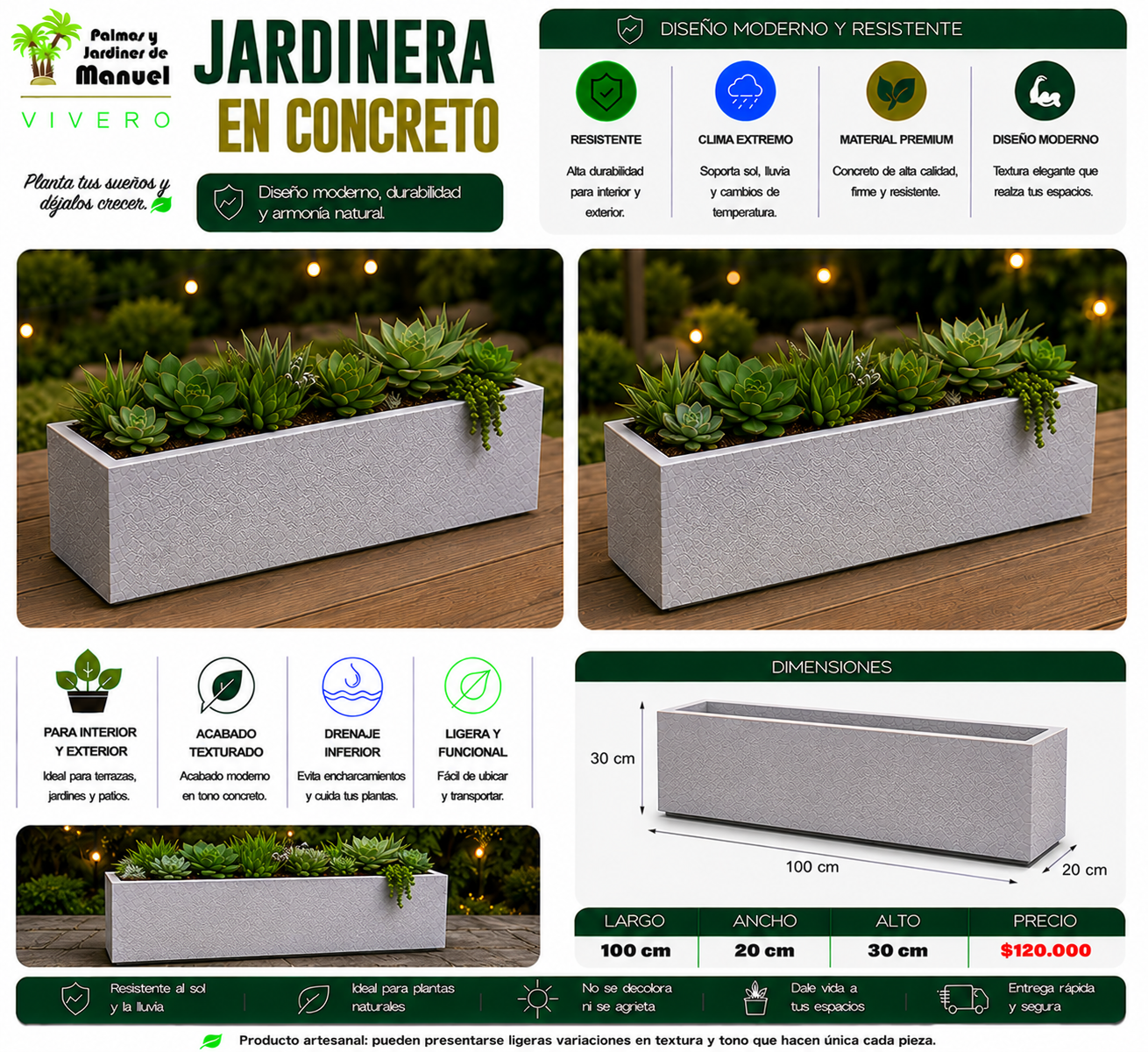 Jardinera en Concreto 100x20x30 cm