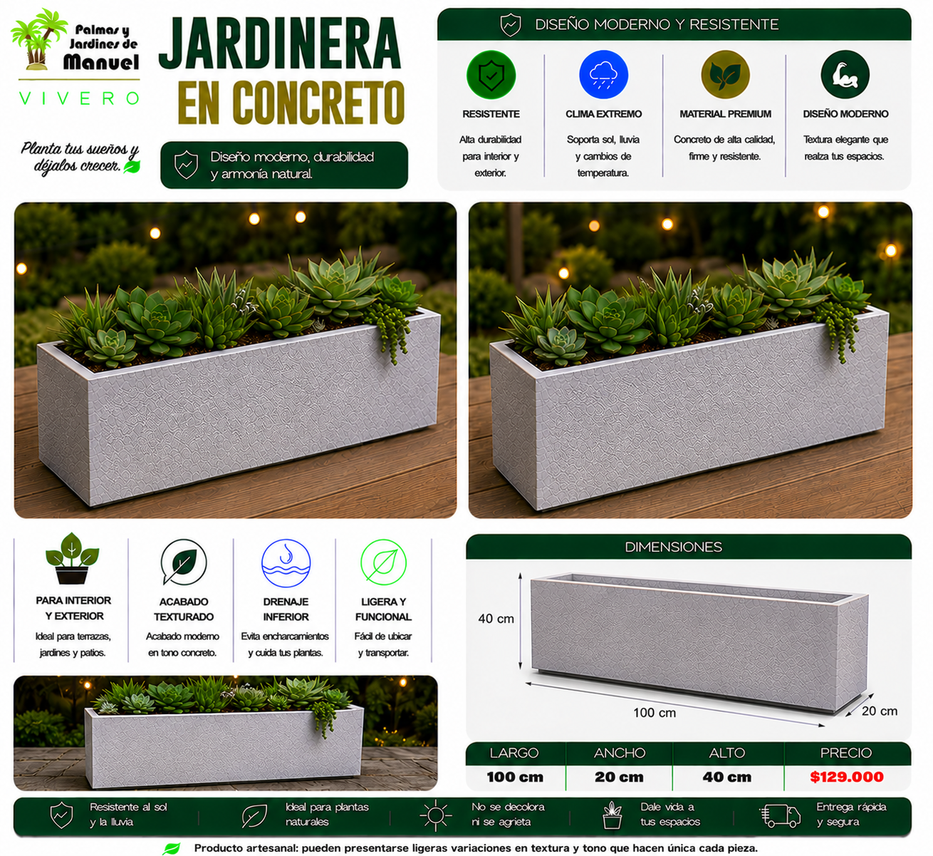Jardinera en Concreto 100x20x40 cm