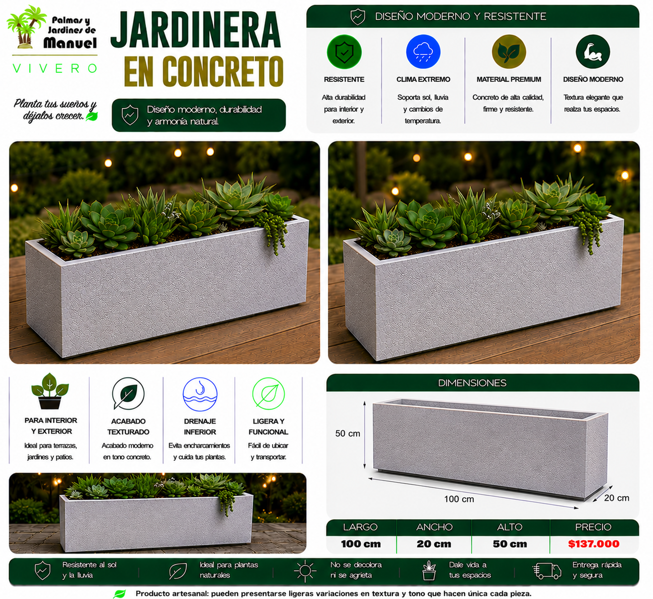 Jardinera en Concreto 100x20x50 cm