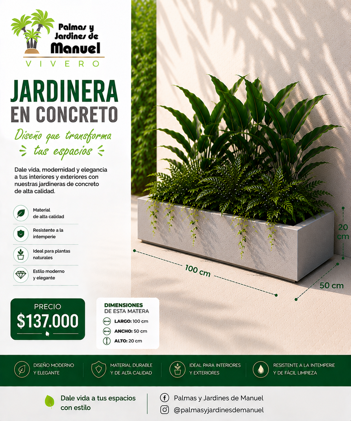 Jardinera en Concreto 100x50x20 cm