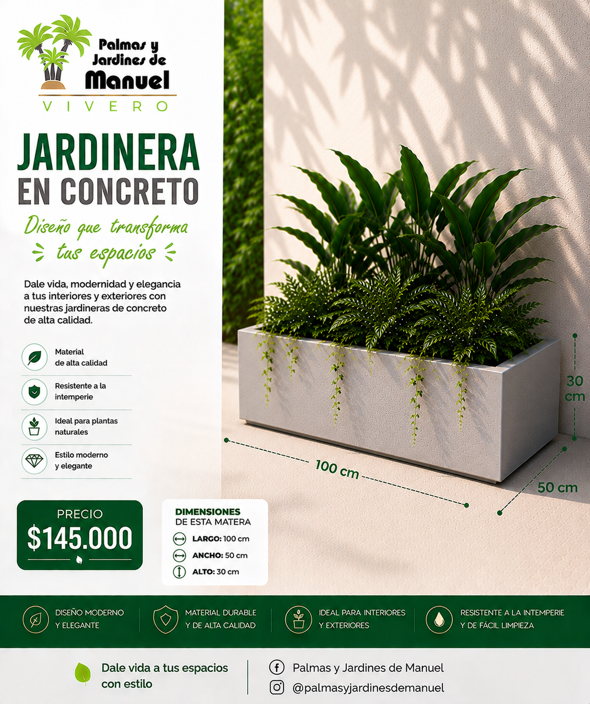 Jardinera en Concreto 100x50x30 cm