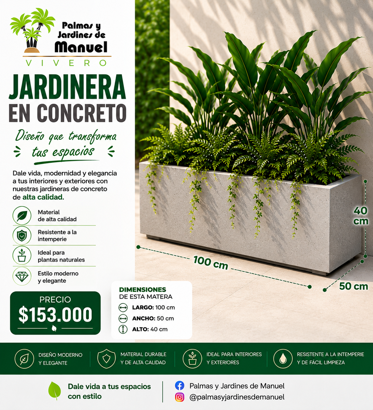 Jardinera en Concreto 100x50x40 cm