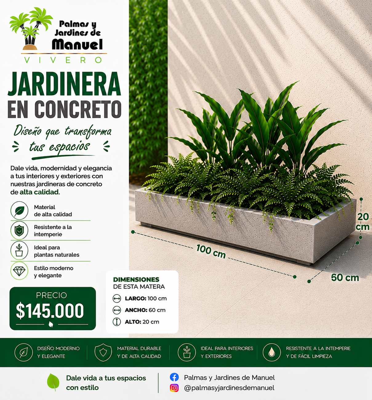 Jardinera en Concreto 100x60x20 cm