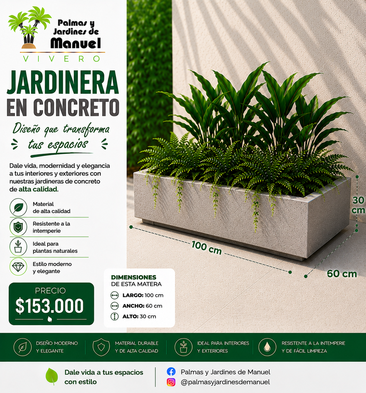 Jardinera en Concreto 100x60x30 cm